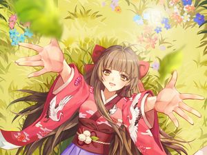 Preview wallpaper girl, smile, kimono, field, flowers, anime