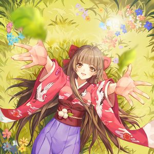 Preview wallpaper girl, smile, kimono, field, flowers, anime