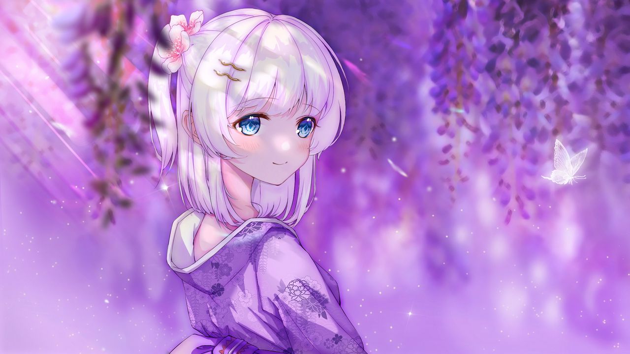 Wallpaper girl, smile, kimono, anime, art, purple