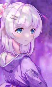 Preview wallpaper girl, smile, kimono, anime, art, purple