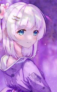 Preview wallpaper girl, smile, kimono, anime, art, purple