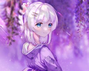 Preview wallpaper girl, smile, kimono, anime, art, purple