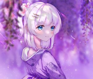Preview wallpaper girl, smile, kimono, anime, art, purple
