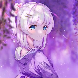 Preview wallpaper girl, smile, kimono, anime, art, purple