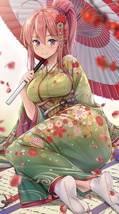 Preview wallpaper girl, smile, kimono, umbrella, anime