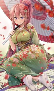 Preview wallpaper girl, smile, kimono, umbrella, anime