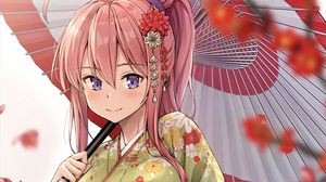 Preview wallpaper girl, smile, kimono, umbrella, anime