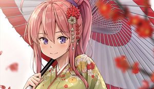 Preview wallpaper girl, smile, kimono, umbrella, anime