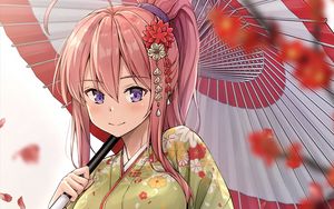 Preview wallpaper girl, smile, kimono, umbrella, anime