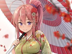 Preview wallpaper girl, smile, kimono, umbrella, anime