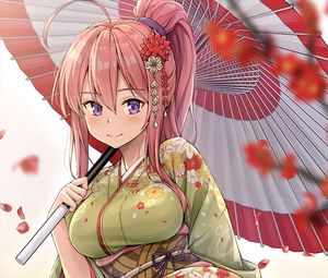 Preview wallpaper girl, smile, kimono, umbrella, anime