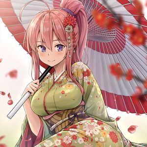 Preview wallpaper girl, smile, kimono, umbrella, anime