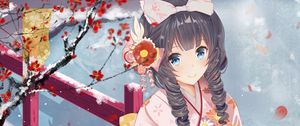 Preview wallpaper girl, smile, kimono, winter, anime