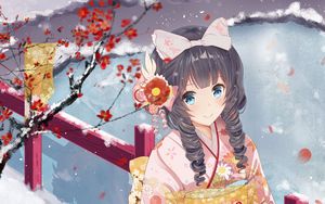 Preview wallpaper girl, smile, kimono, winter, anime