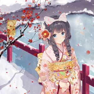 Preview wallpaper girl, smile, kimono, winter, anime