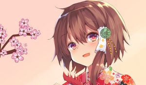 Preview wallpaper girl, smile, kimono, chicken, anime