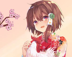 Preview wallpaper girl, smile, kimono, chicken, anime