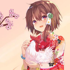 Preview wallpaper girl, smile, kimono, chicken, anime