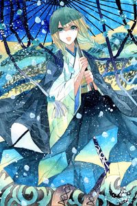 Preview wallpaper girl, smile, kimono, umbrella, watercolor, anime