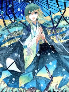 Preview wallpaper girl, smile, kimono, umbrella, watercolor, anime