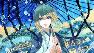 Preview wallpaper girl, smile, kimono, umbrella, watercolor, anime