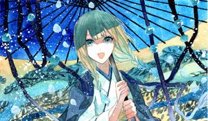 Preview wallpaper girl, smile, kimono, umbrella, watercolor, anime