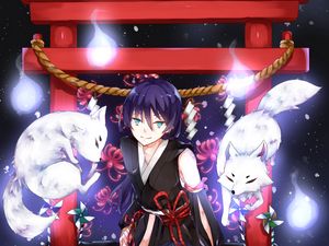 Preview wallpaper girl, smile, kimono, foxes, anime
