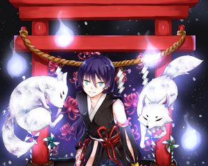 Preview wallpaper girl, smile, kimono, foxes, anime