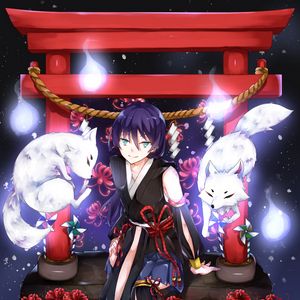 Preview wallpaper girl, smile, kimono, foxes, anime