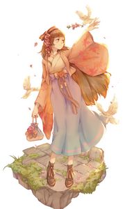 Preview wallpaper girl, smile, kimono, flowers, bird, anime