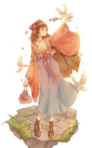 Preview wallpaper girl, smile, kimono, flowers, bird, anime