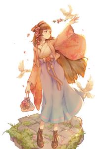 Preview wallpaper girl, smile, kimono, flowers, bird, anime