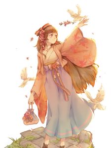 Preview wallpaper girl, smile, kimono, flowers, bird, anime