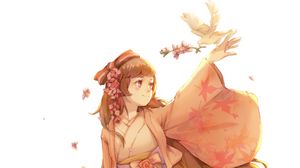 Preview wallpaper girl, smile, kimono, flowers, bird, anime