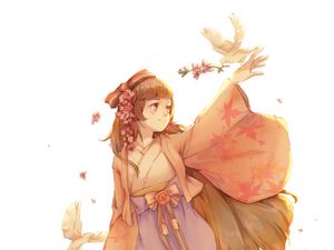 Preview wallpaper girl, smile, kimono, flowers, bird, anime