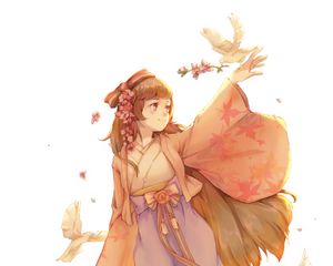 Preview wallpaper girl, smile, kimono, flowers, bird, anime