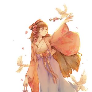 Preview wallpaper girl, smile, kimono, flowers, bird, anime