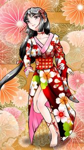 Preview wallpaper girl, smile, kimono, flowers, anime