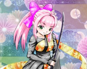 Preview wallpaper girl, smile, kimono, katana, anime