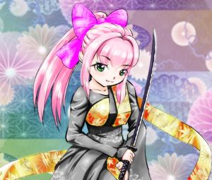 Preview wallpaper girl, smile, kimono, katana, anime