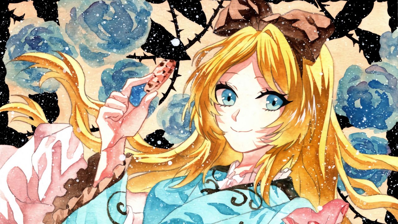 Wallpaper girl, smile, kimono, snow, watercolor, anime