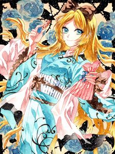 Preview wallpaper girl, smile, kimono, snow, watercolor, anime