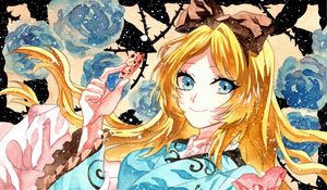 Preview wallpaper girl, smile, kimono, snow, watercolor, anime