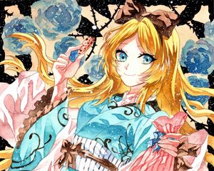 Preview wallpaper girl, smile, kimono, snow, watercolor, anime