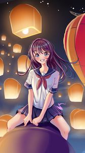 Preview wallpaper girl, smile, lanterns, sky, anime