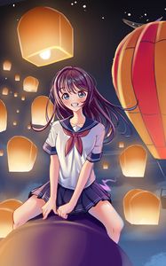 Preview wallpaper girl, smile, lanterns, sky, anime