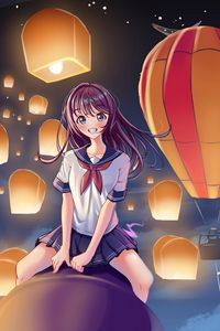 Preview wallpaper girl, smile, lanterns, sky, anime