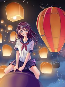 Preview wallpaper girl, smile, lanterns, sky, anime