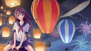 Preview wallpaper girl, smile, lanterns, sky, anime