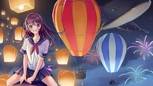 Preview wallpaper girl, smile, lanterns, sky, anime